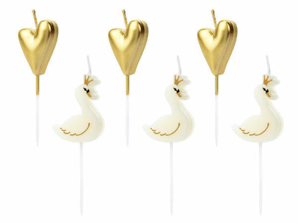 Candeline a forma Cuore Oro e Cigno Bianco 6 pz *