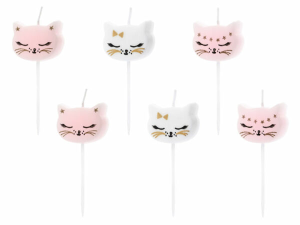Candeline a forma volto Gatto bianco e rosa 6 pz *