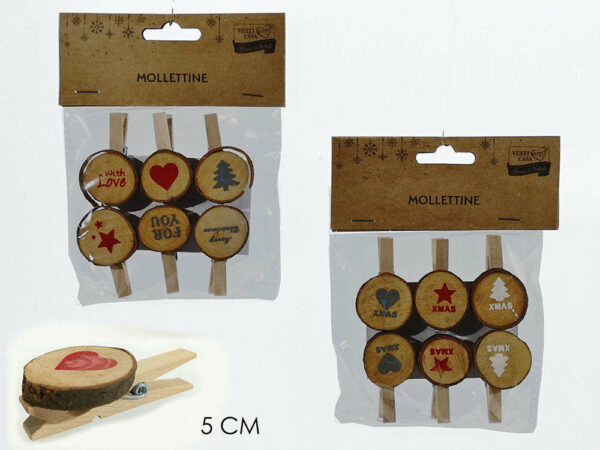 Set 6 Mollette decorative Natalizie con ceppo legno *