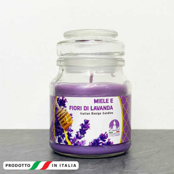 Giara in vetro 7x10 cm con Candela profumata Miele e Fiodi di Lavanda *