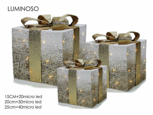 Set 3 Pacchi Regalo Luminosi color bianco e oro uso interno ed esterno