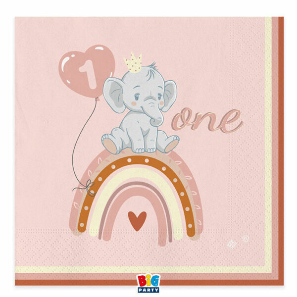 Tovaglioli 33x33 One Birthday Elefantino Rosa 20 pezzi *